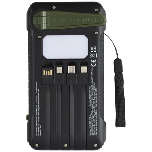 Soldy powerbank solarny o pojemności 10 000 mAh z dynamem wykonany z tworzyw sztucznych pochodzących z recyklingu z certyfika