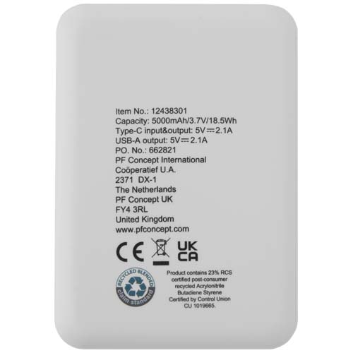 Asama powerbank o pojemności 5000 mAh Type-C z tworzyw sztucznych pochodzących z recyklingu